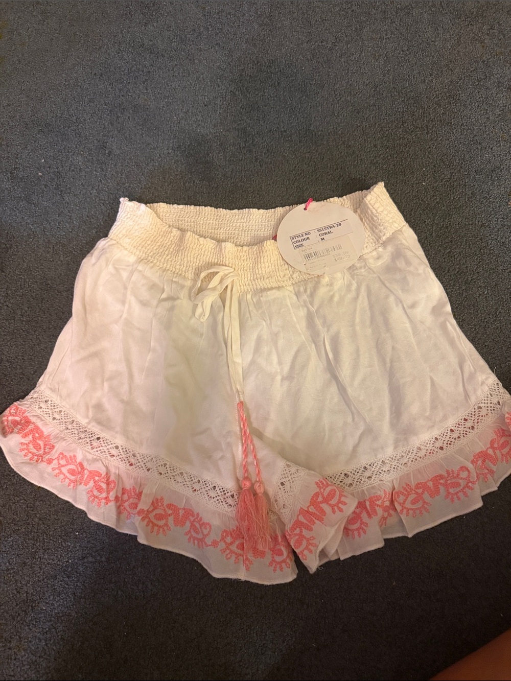 White Womens Shorts with Coral Embroidery